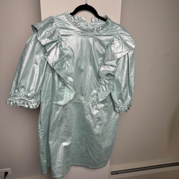 ASOS DESIGN Curve denim metallic dress with high neck and frill detail - Picture 5 of 12